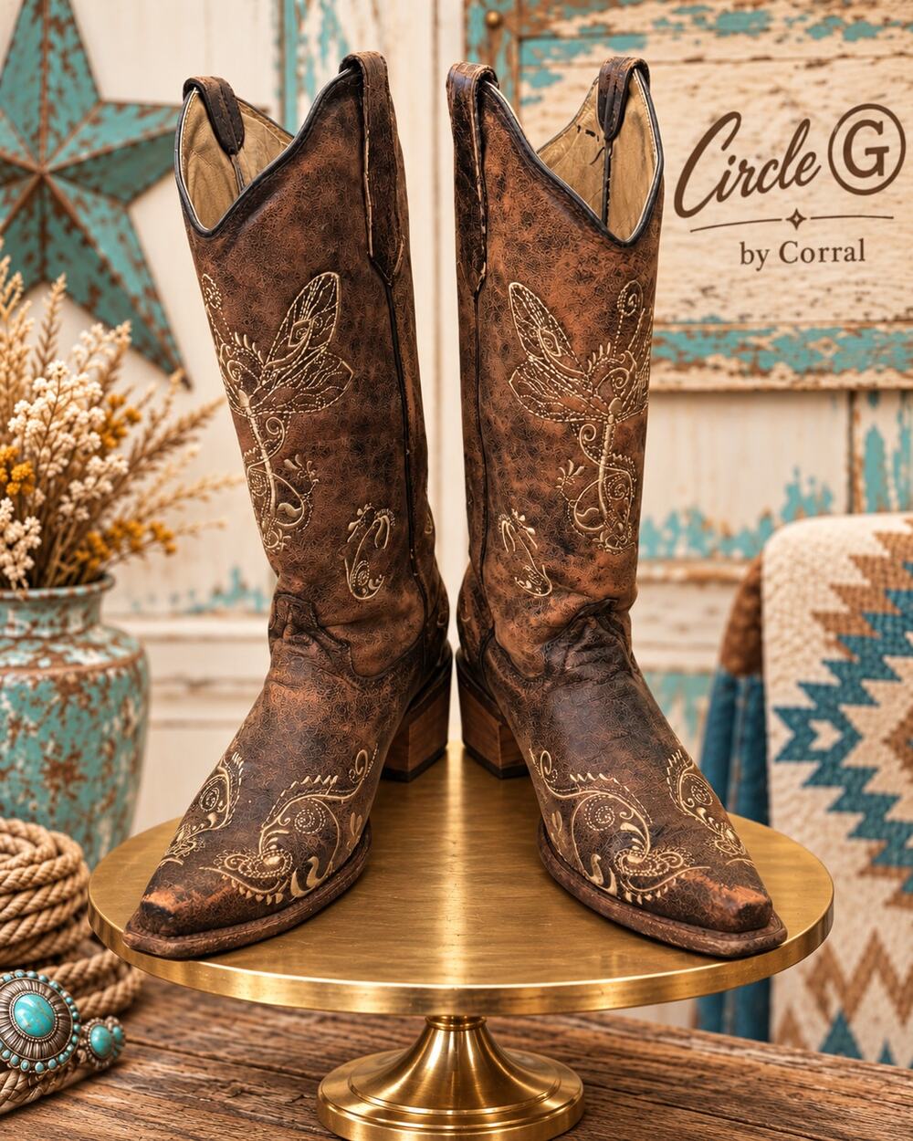 Circle G by Corral L5001 Dragonfly Leather Western Boots Size 9M Brown